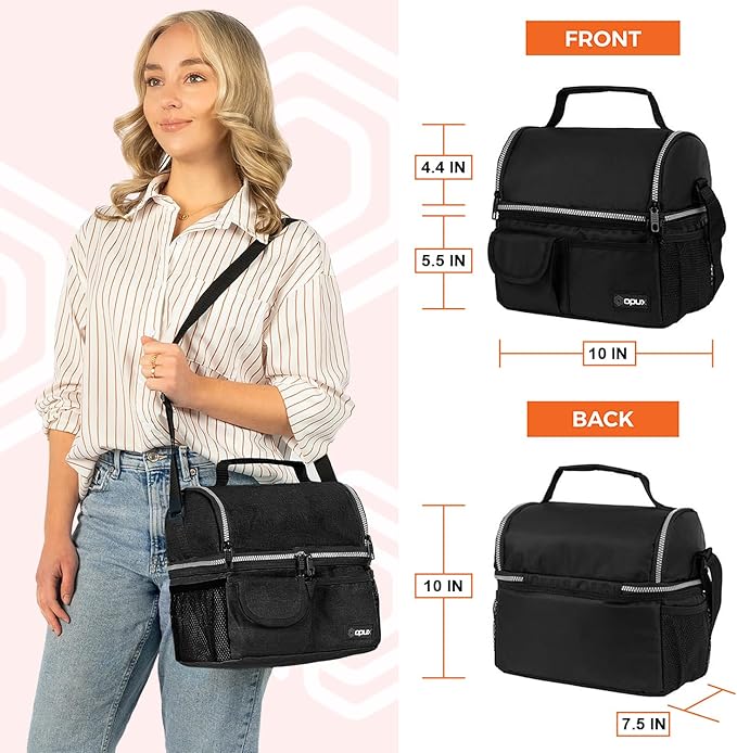 opux Lunch Box for Men, Adult Lunch Box Cooler, Insulated Lunch Bag Women, Dual Compartment Lunchbox for Work, Leakproof Double Decker Lunch Bag, Soft Lunch Pail Tote Boys Girls Kids School, Black