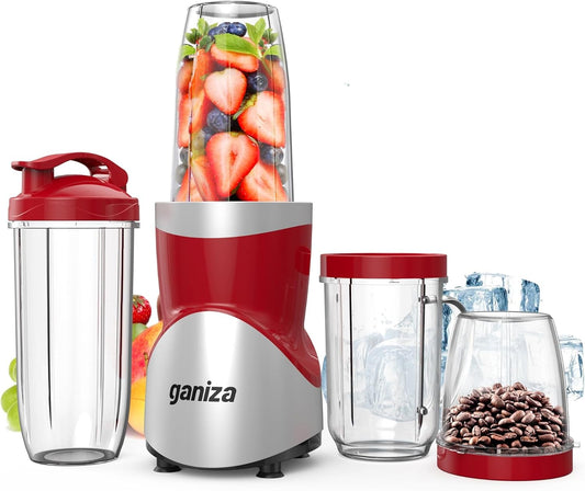 Ganiza Smoothie Blender, 900W Blenders for Shakes and Smoothies, 15-Piece Personal Blender and Grinder Combo for Kitchen, Smoothies Maker with 4 BPA-Free Portable Cup, Nutritious Recipe Red
