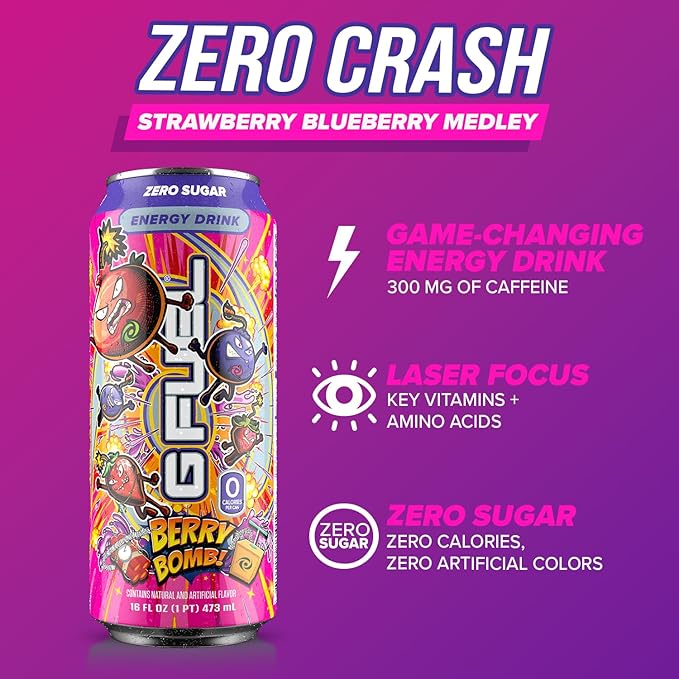 G Fuel Energy Drink, Berry Bomb, Sugar Free Carbonated Beverage with 300mg Caffeine, Daily Energy Boost with Focus Amino, Vitamin + Antioxidants, 16 oz Cans (Berry Bomb, 12-Pack)