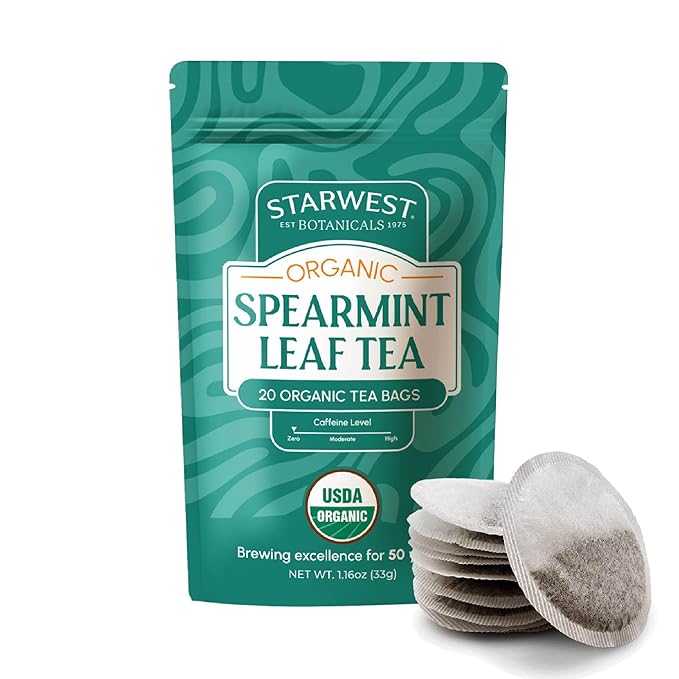 Starwest Botanicals Organic Spearmint Leaf Tea - Caffeine Free Herbal Tea, Promotes Calm, USDA Organic Spearmint Leaf, String Free Sachets, Non GMO - 20 Tea Bags