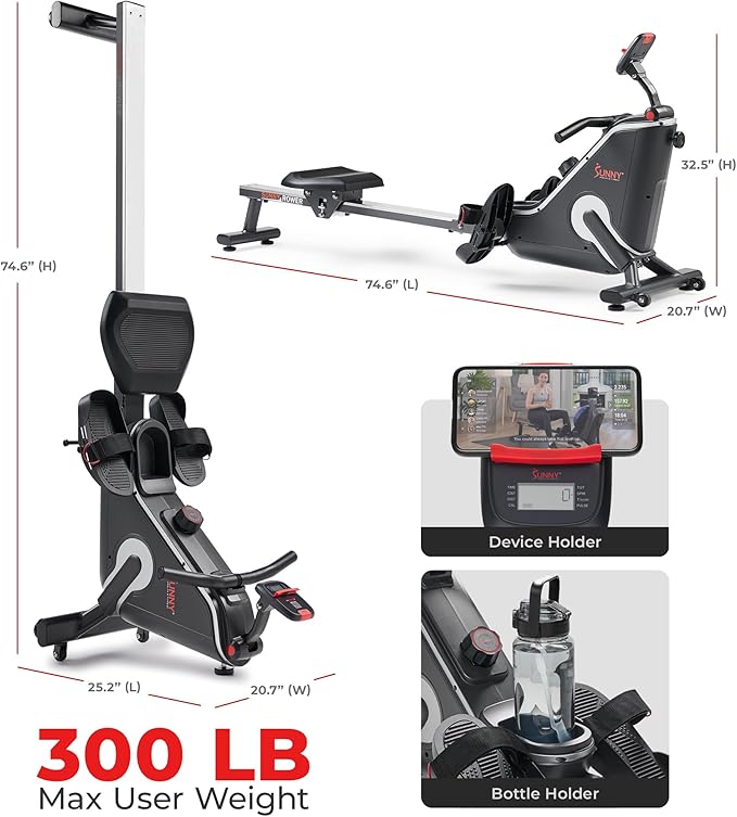 Sunny Health & Fitness Flip & Foldable Rowing Machine for Home w/Extended Slide Rail, Full-Body Workout, Low-Impact, Optional Extra Long Rail, Quiet Rail Cover, Water Motion and Free SunnyFit App