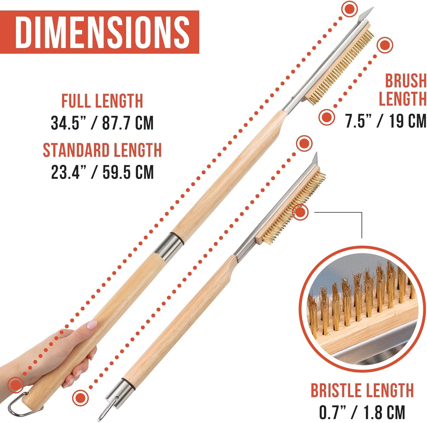 Chef Pomodoro Pizza Oven Brush with Scraper - Adjustable Handle (55cm to 87.7cm), Pizza Stone Brush, Pizza Oven Cleaning Brush, Outdoor Pizza Oven Accessories for Pizza Stones, BBQ Grill, and Ovens