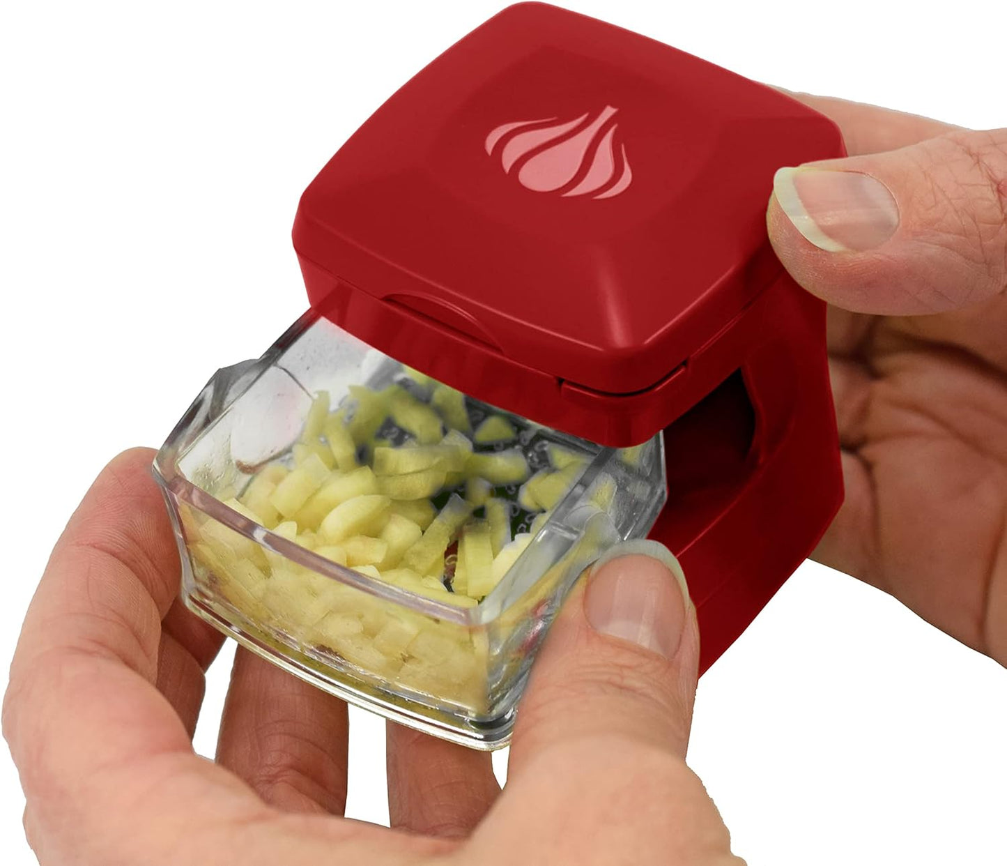 Garlic-A-Peel Garlic Press, Crusher, Cutter, Mincer, and Storage Container - Includes Silicone Garlic Peeler - Easy to Clean - Stainless Steel Blades – (Red), standard