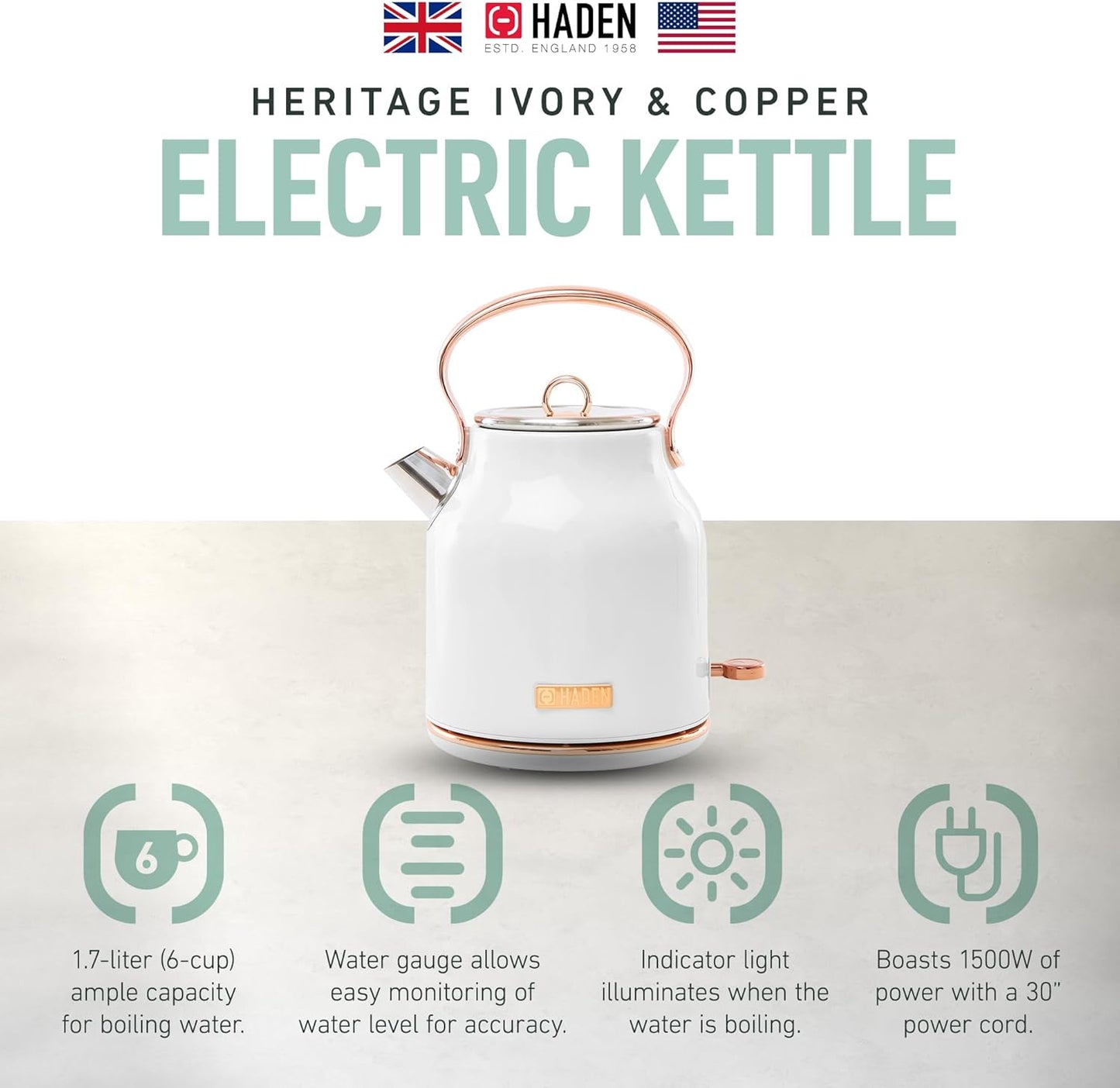Haden Heritage 1.7 Liter Stainless Steel Electric Kettle, Hot Water Kettle with 360-Degree Base and Auto Shutoff, Ivory & Copper
