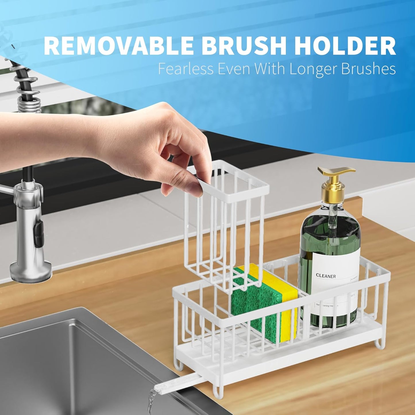 Cisily White Sponge Holder for Kitchen Sink, Sink Caddy Organizer with High Brush Holder, Kitchen Countertop Organizers and Storage Essentials, Rustproof 304 Stainless Steel, Soap Dispenser Organize