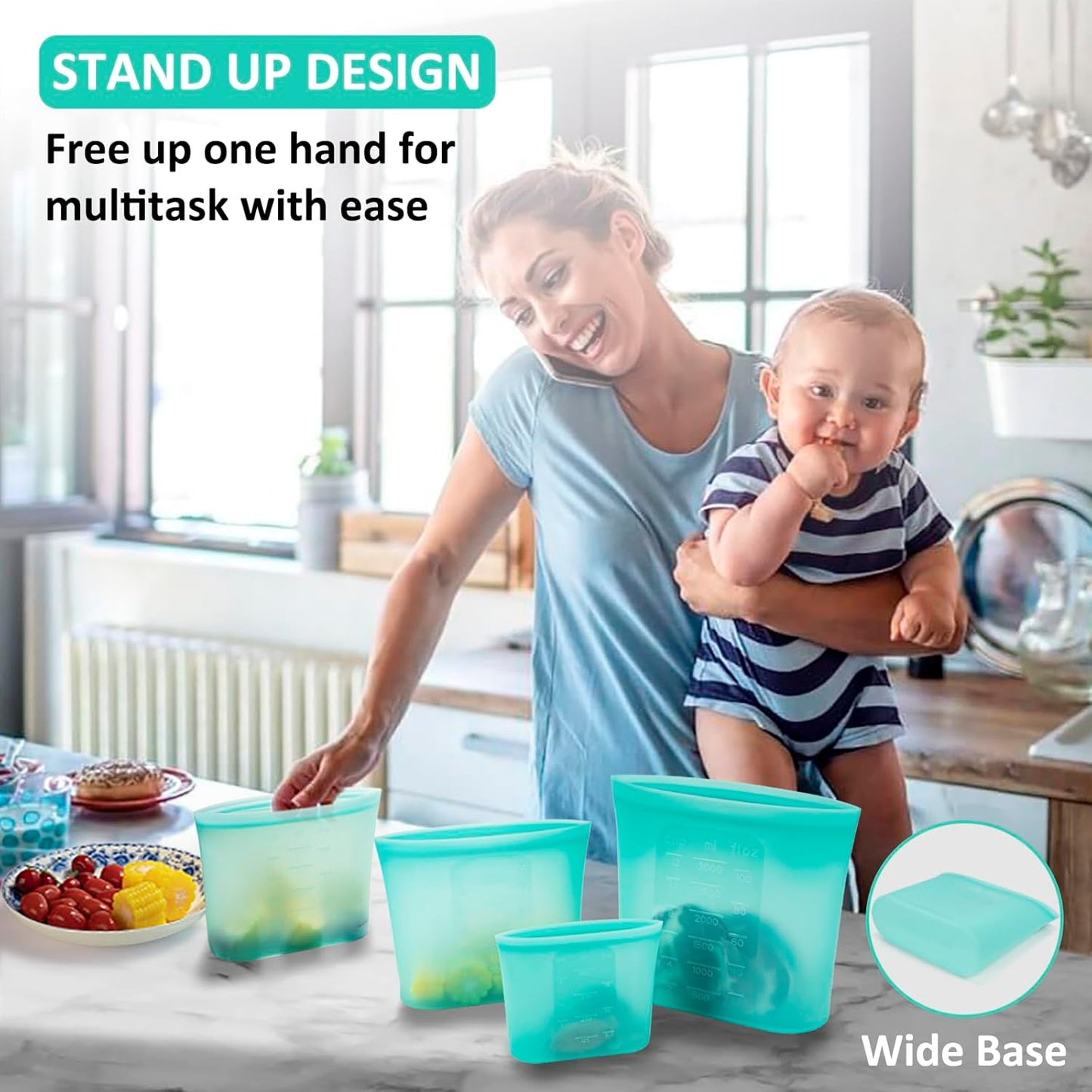 Reusable Storage Bag, 8 Pack 100% Silicone Food Storage Bags Stand Up Zip Lock Bags for Food Container, Freezer Microwave Oven Dishwasher Safe, 2 X-Large(0.8 Gallon) 2 Medium 2 Small 2 X-Small, Aqua