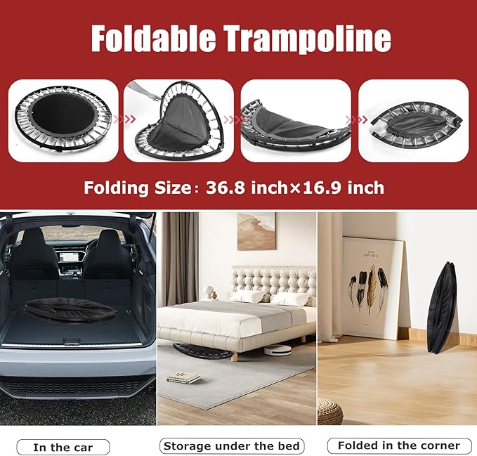 Rebounder Trampoline for Adults, 40"/50" Foldable Spring Fitness Trampoline - 450 lbs Capacity, Quiet & Stable Indoor/Outdoor Exercise Equipment for Cardio Workout