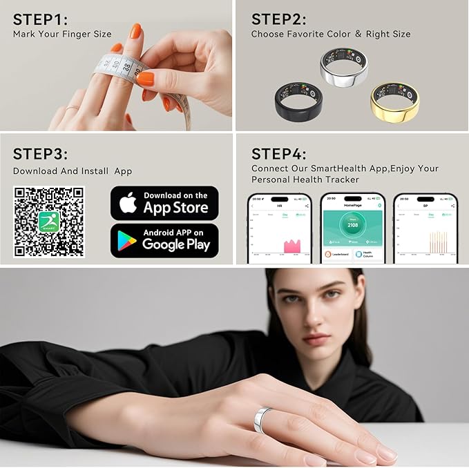 Smart Rings for Women Men,Fitness Tracker Ring,Heart Rate,Blood Oxygen,Blood Pressure,Step Tracker,Sleep Monitoring,No Subscription Fee,IP68 Waterproof Smart Ring for iphone&Android(Silver 7)