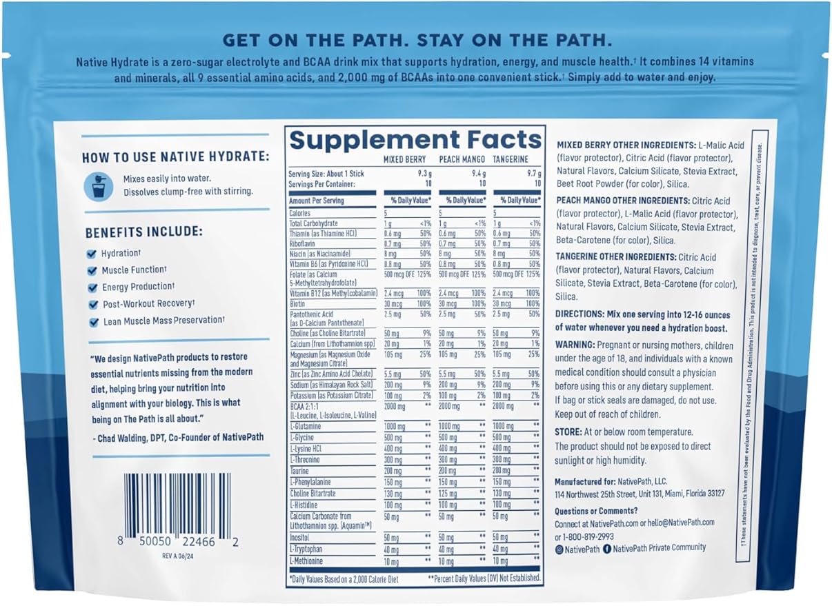 NativePath Native Hydrate Stick Packs with Electrolytes and Amino Acids, Variety Pack, Mixed Berry, Peach Mango, Tangerine, 30 Servings