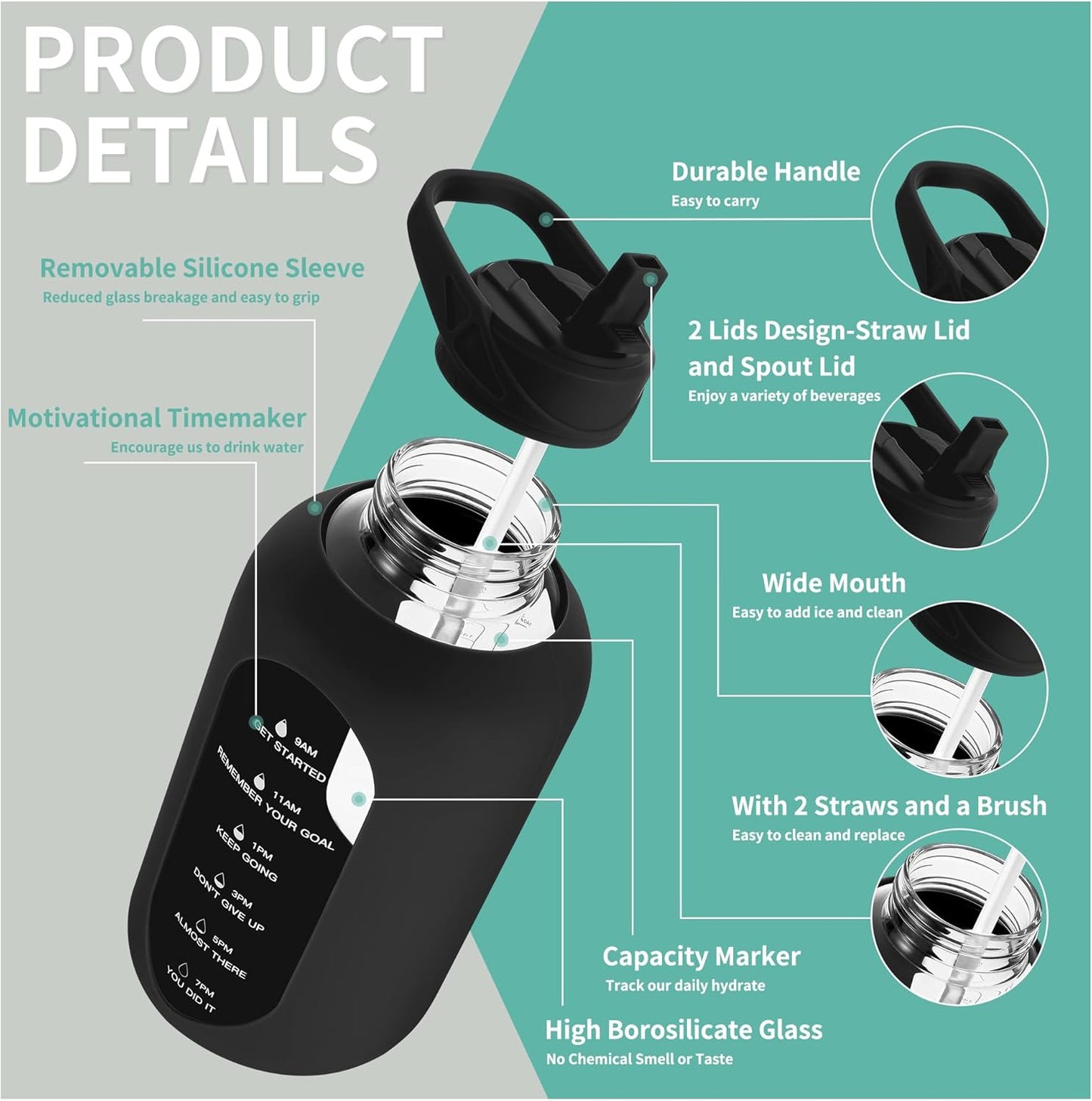 CIVAGO 64 oz Glass Water Bottle Jug with Straw and Handle, Half Gallon Sports Motivational Water Bottle with Time Marker, Wide Mouth Flask Canteen with Silicone Sleeve for Gym, Black