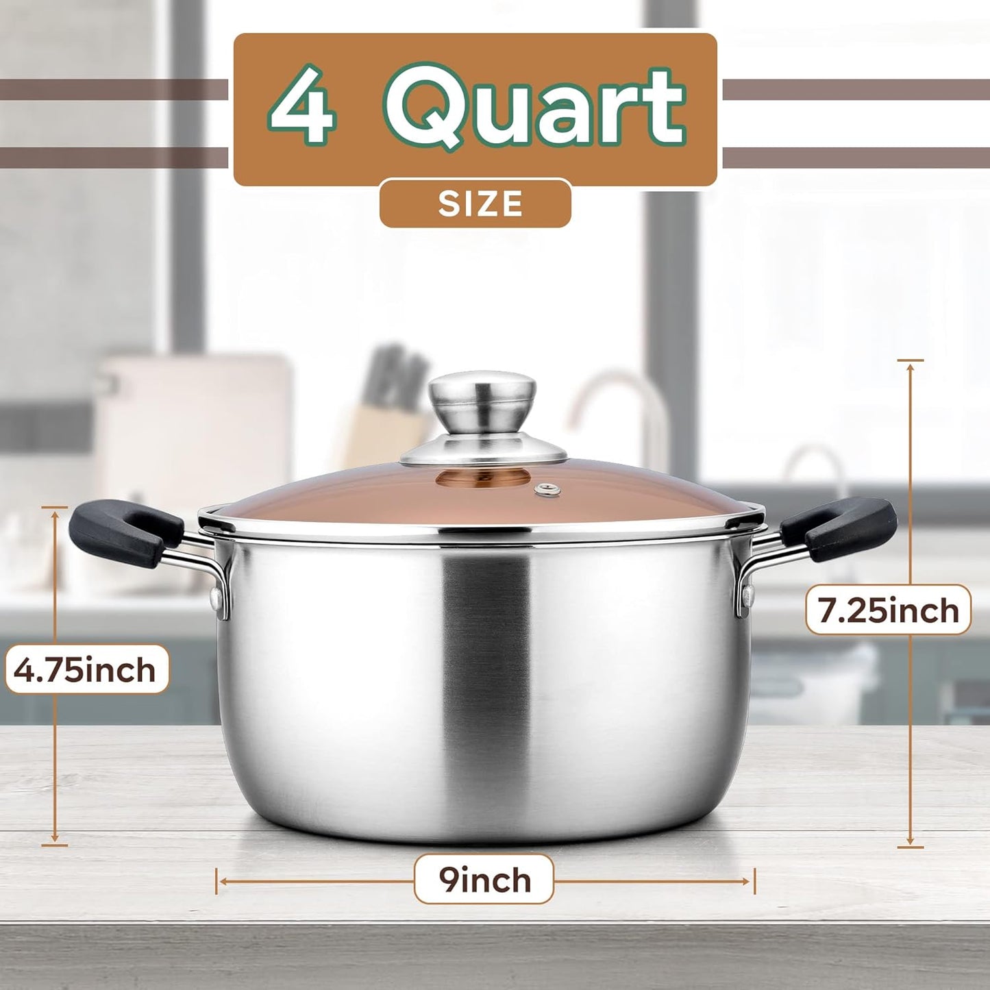 LIANYU 4QT Stock Pot, Stainless Steel Soup Pasta Pot with See-Through Lid, Heavy Duty Stockpot for Strew Simmer Boiling, Heat-proof Handle, Dishwasher Safe