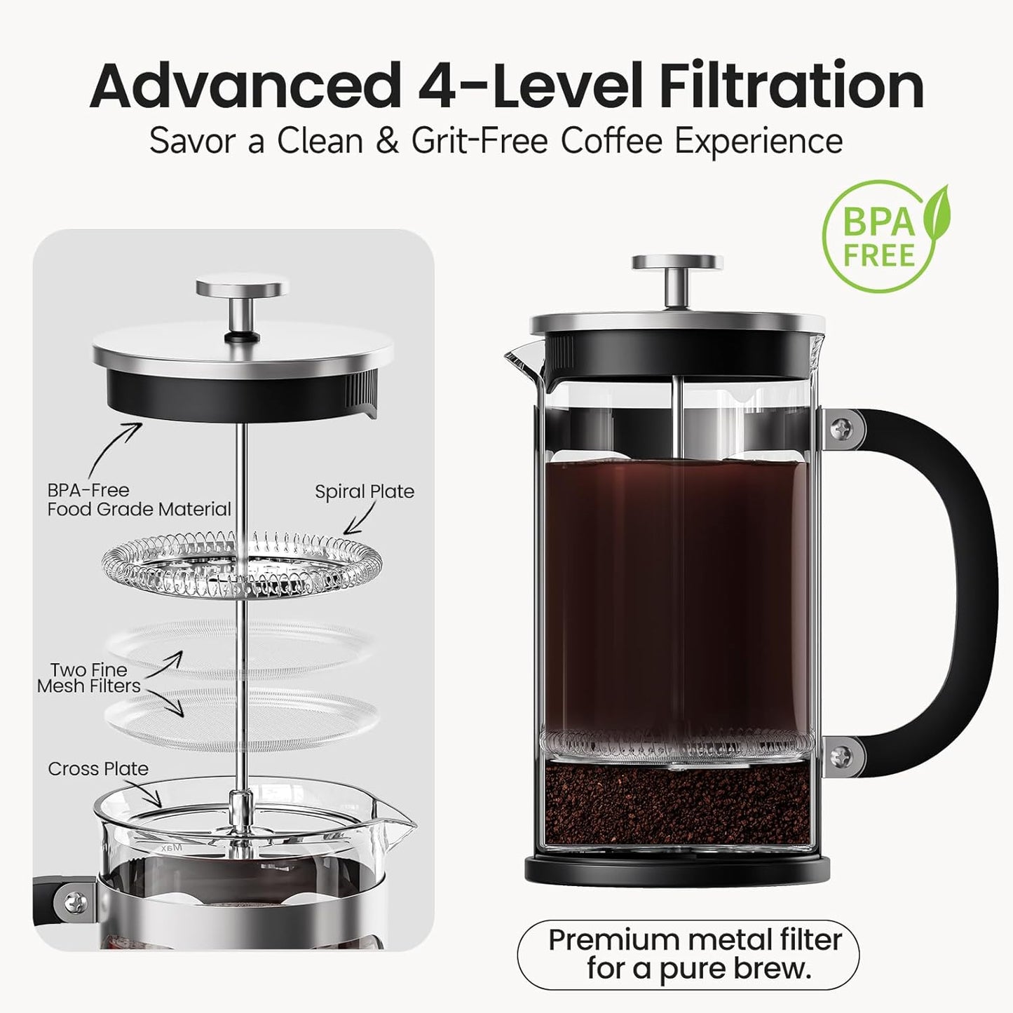 BAYKA 34oz French Press Cold Brew Coffee Maker, Heat and Cold Resistant Thickened Borosilicate Glass Stainless Steel Press Percolators, Iced Tea Pot Pitcher for Kitchen Travel Camping,1 Liter,Silver
