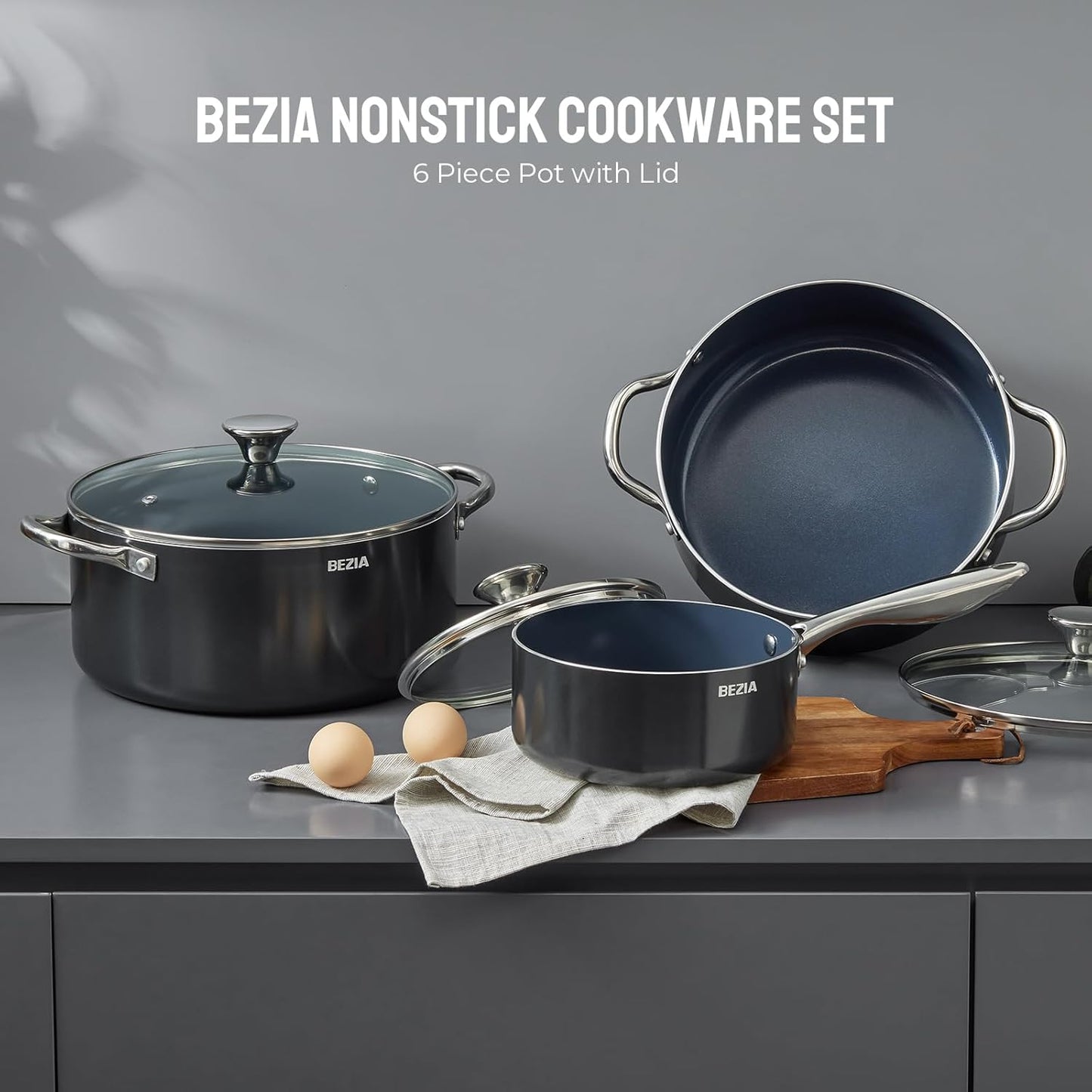 Induction Cookware Set 6-Piece, Stackable Kitchen Cooking Pots Set, 6qt 4.8qt & 2qt Pots with Lids, Dishwasher Safe & Oven Safe, Compatible with All Stoves, Black