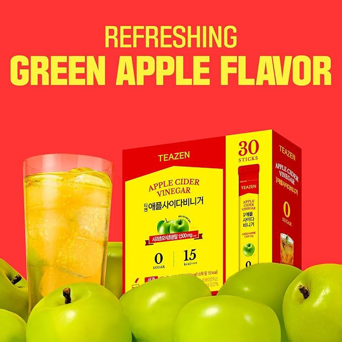 TEAZEN Apple Cider Vinegar Drink Powder Stick – On-the-Go Wellness with 1500mg ACV, Sugar-Free, Postbiotics, 30 Sticks | Supports Digestion & Metabolism