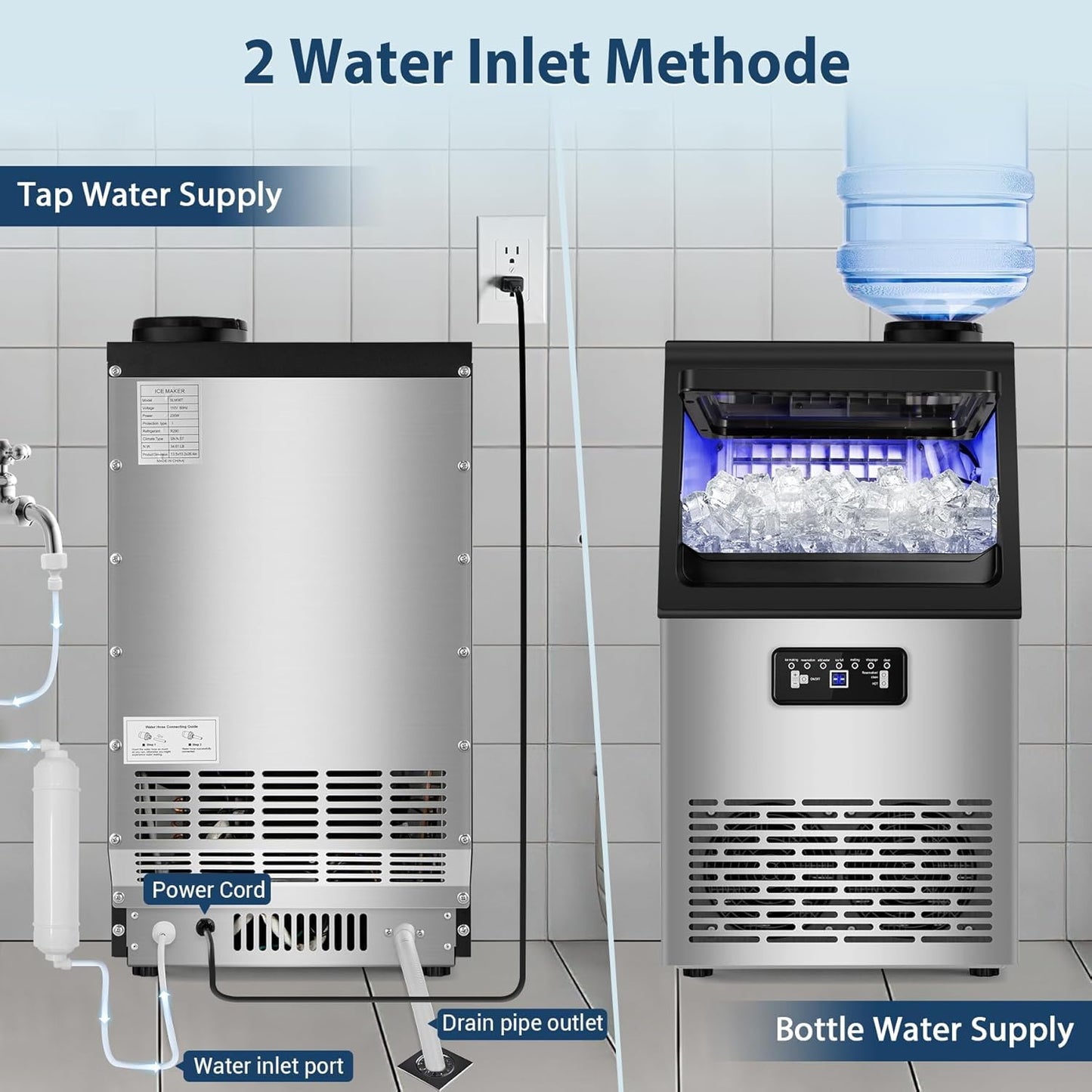 Commercial Ice Maker Machine 100Lbs/24 with 20 Storage Bin, 36Pcs Ice Cubes 9-15Mins, Dual Water Inlet Options Stainless Steel Under Counter/Freestanding Ice Cube Machine for Home, Party, Office