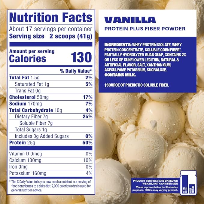 Premier Protein Powder Plus Fiber, 25g Protein, 7g Fiber, Vanilla, No Added Sugar,17 Servings