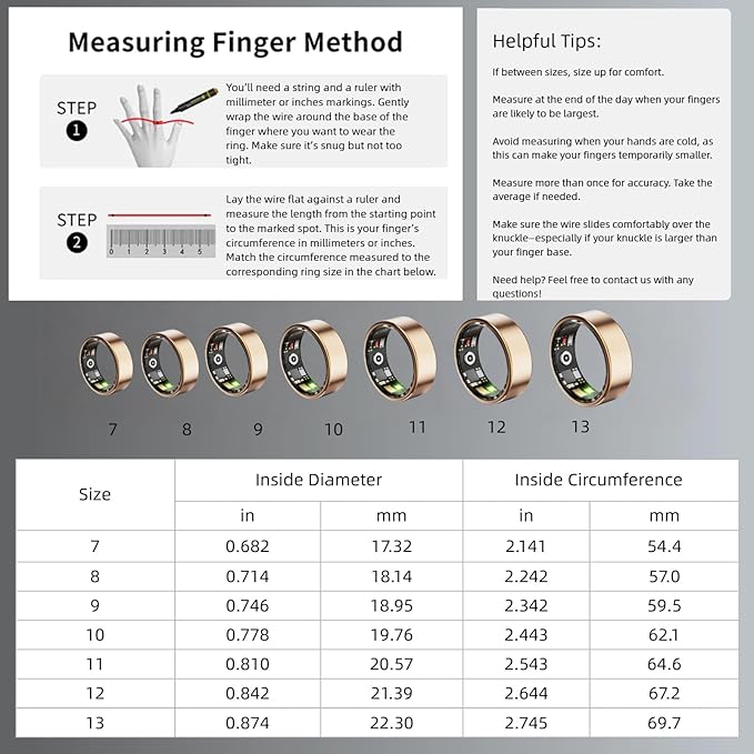 Smart Wellness Ring, Stylish Fitness Tracker with Heart Rate, Blood Oxygen, Blood Pressure, Sleep & Step Monitor. IP68 Waterproof, No Subscription, iOS & Android Compatible (Gold, 10)