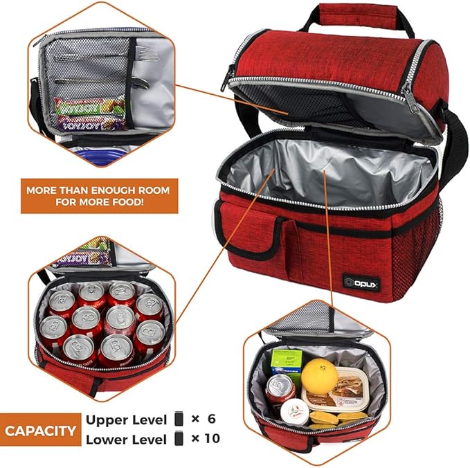 opux Lunch Bag Women Insulated, Adult Lunch Box Cooler, Lunch Box for Men, Dual Compartment Lunchbox for Work, Leakproof Double Decker Lunch Bag, Soft Lunch Pail Tote Girls Boys Kids School, Red