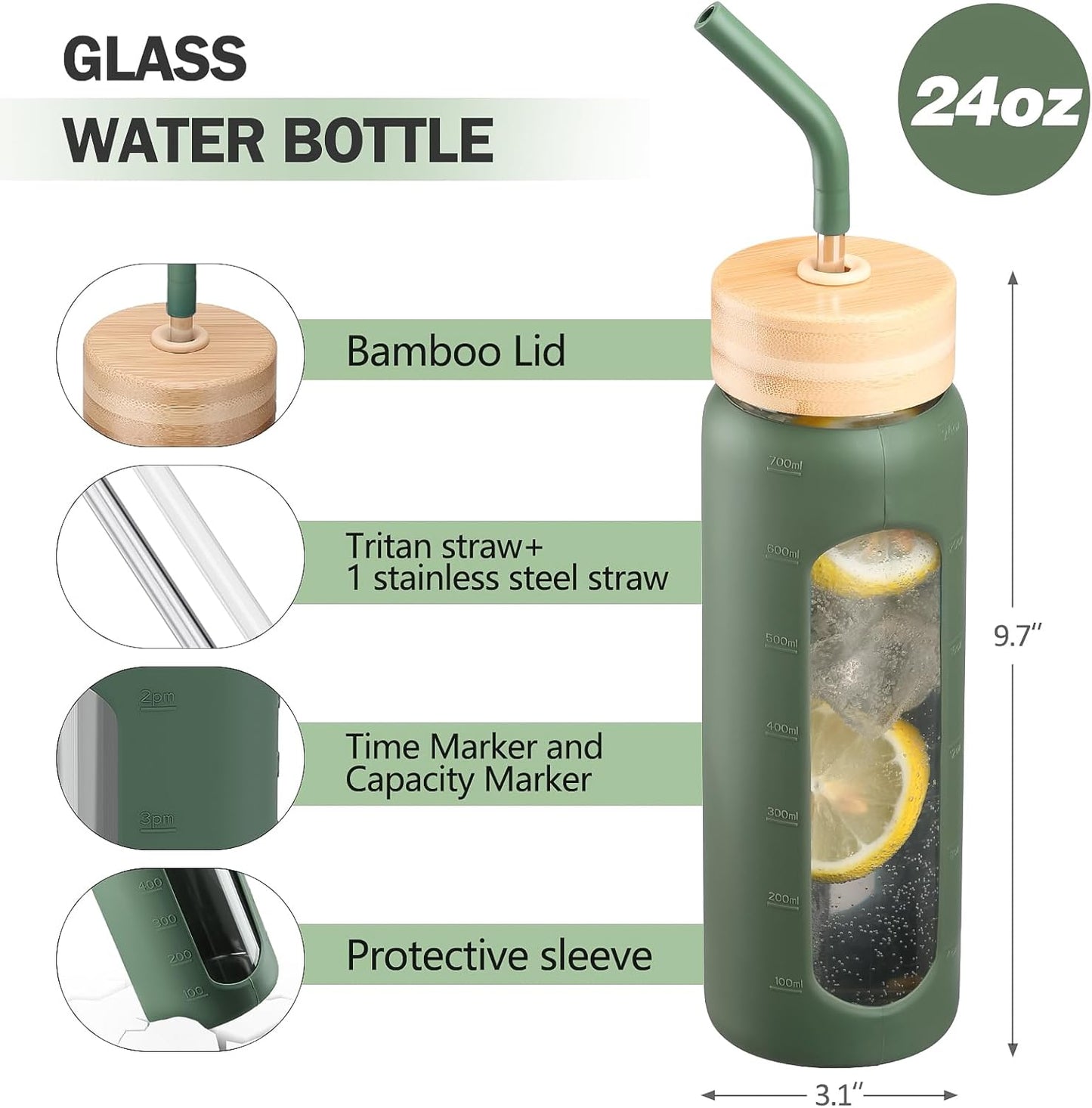 Glass Water Bottle with Straw, 24oz Glass Drinking Bottle with 2 Lids-Bamboo and Spout Lid with Phone Holder Handle for Gym Sports,with Silicone Sleeve and Time Marker,Olive