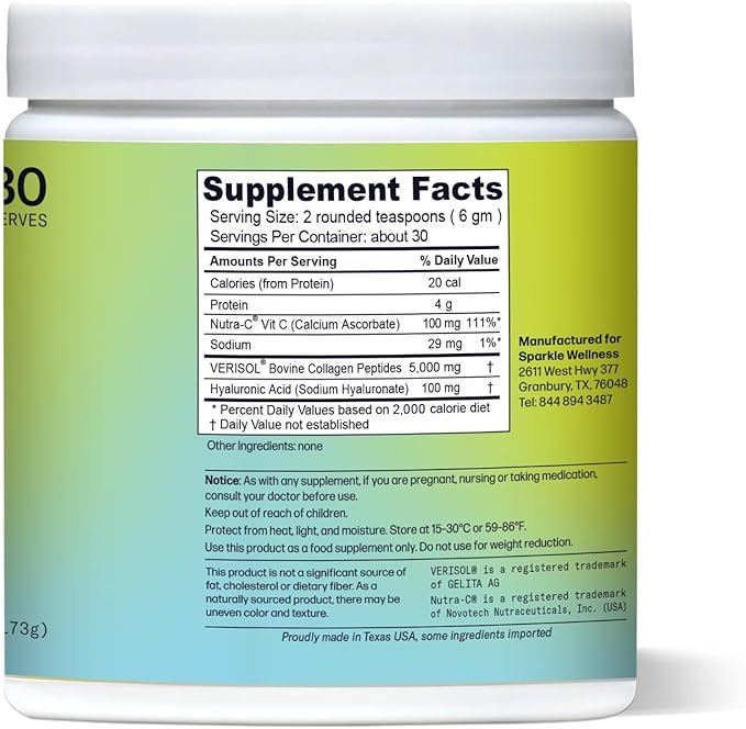 Sparkle Wellness Skin Boost Plus (No Flavor) [30-Serves] | Collagen Powder Supplement with VERISOL Bioactive Hydrolyzed Collagen Peptides, Vitamin C & Hyaluronic Acid to Improve Skin Elasticity