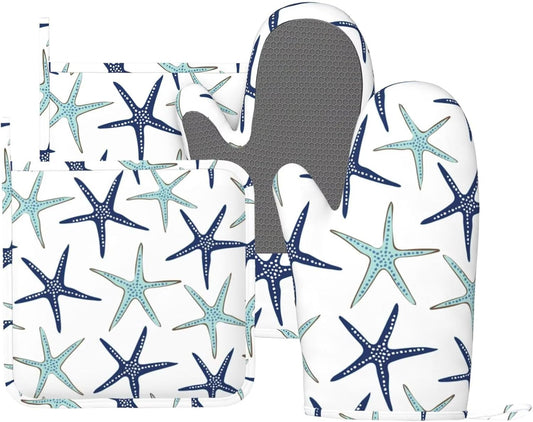 Sea Stars Oven Mitts and Pot Holders Set of 4 Silicone Navy Blue Turquoise Coastal Sea Stars Kitchen Mitten Gloves and Non-Slip Potholders Set Heat Resistant Oven Gloves Hot Holders for BBQ