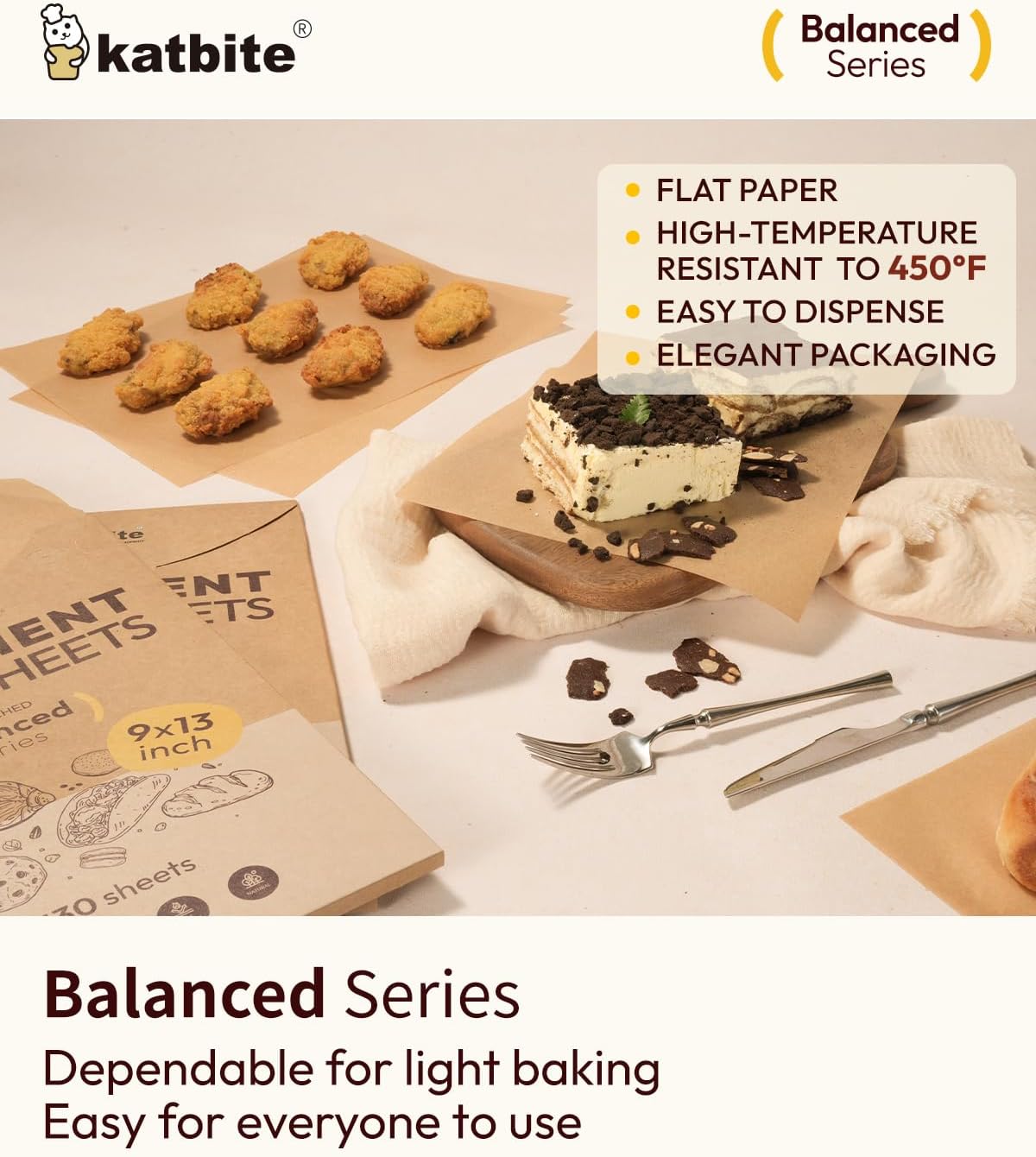 Katbite 130 Pcs Parchment Paper Sheets, 9x13 Inches Unbleached Baking Paper Non-Stick for Gently Baking, Pre-cut Parchment Paper Suitable for Baking, Cooking,Air Fryer [Balanced Series]