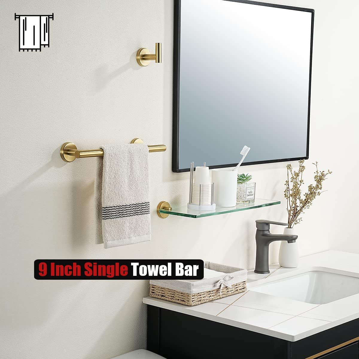 JQK Bathroom Towel Bar, Brushed Gold 12 Inch 304 Stainless Steel Thicken 0.8mm Towel Rack, Towel Holder Wall Mount, Useable Length 9 Inch TB110L9-BG
