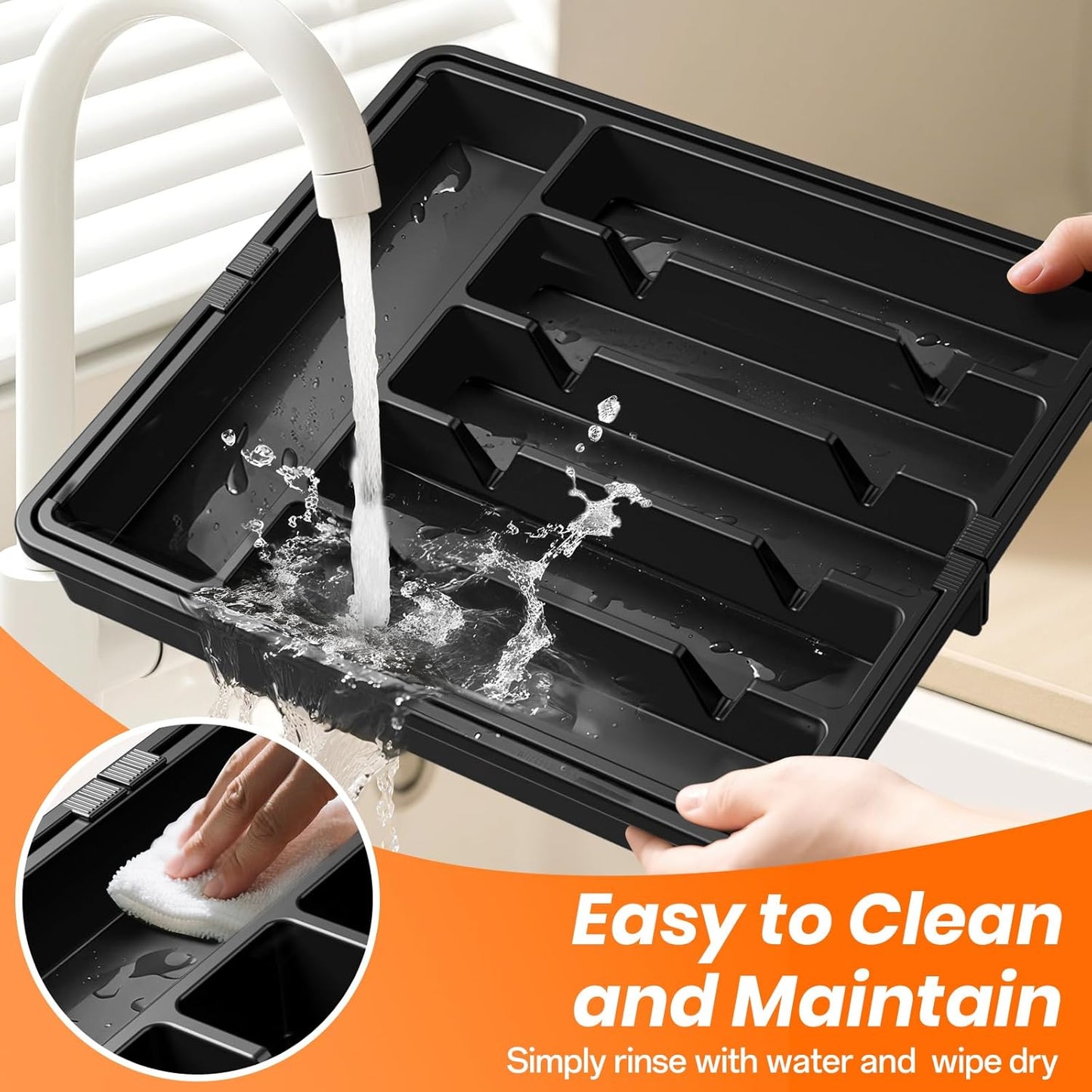 Large Silverware Organizer,Expandable Utensil Drawer Organizer,BPA Free Utensil Holder,Adjustable Silverware Tray Cutlery Drawer Organizer for Kitchen Flatware,Large,Black (6-8 Slots)