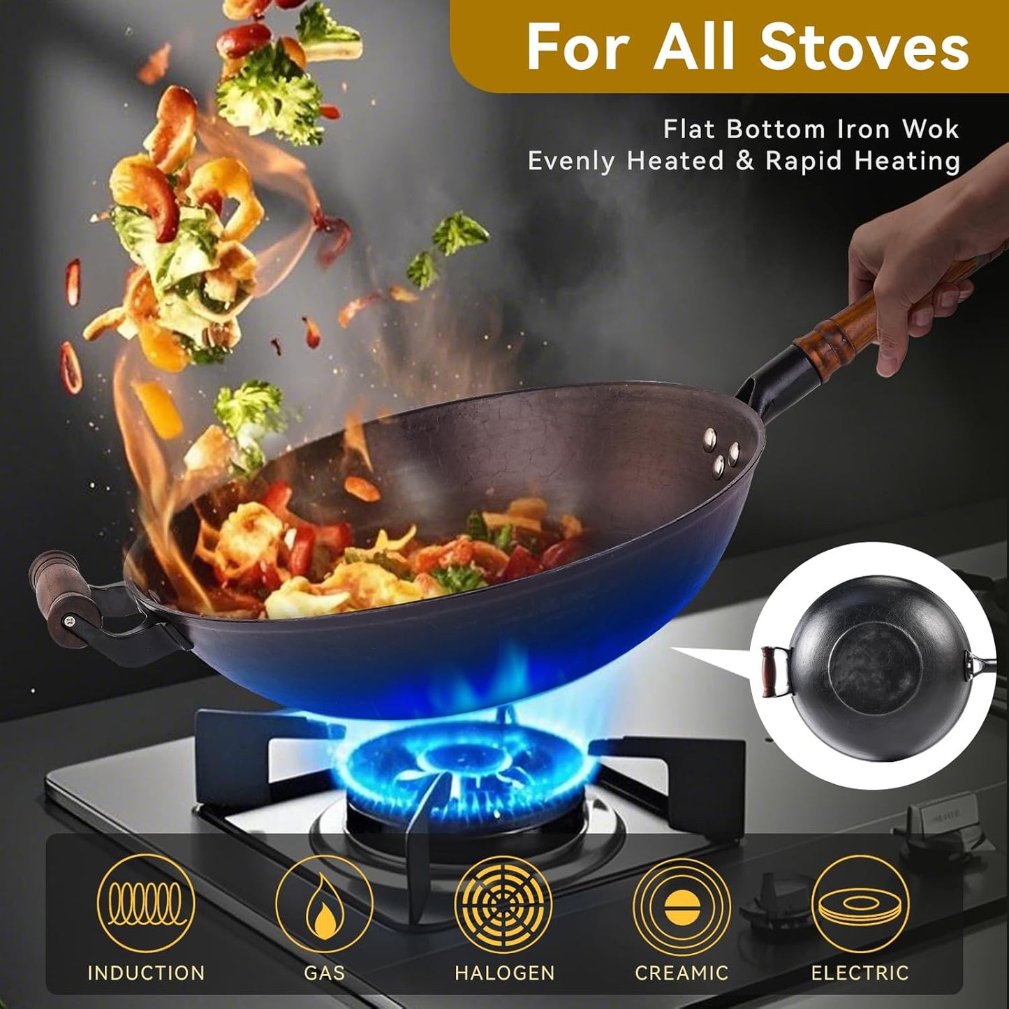 WANGYUANJI 14.2 Inch Cast Iron Wok with Glass Lid – Extra Large Flat Bottom Wok for Stir Fry, Steaming, Braising, Compatible with All Stovetops, Black
