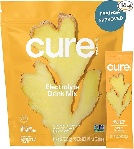 Cure Hydration | Plant-Based Electrolyte Drink Mix | No Added Sugar | FSA-HSA | Dehydration Relief Powder Made with Coconut Water | Non-GMO | Vegan | Pouch of 14 Packets - Ginger Turmeric