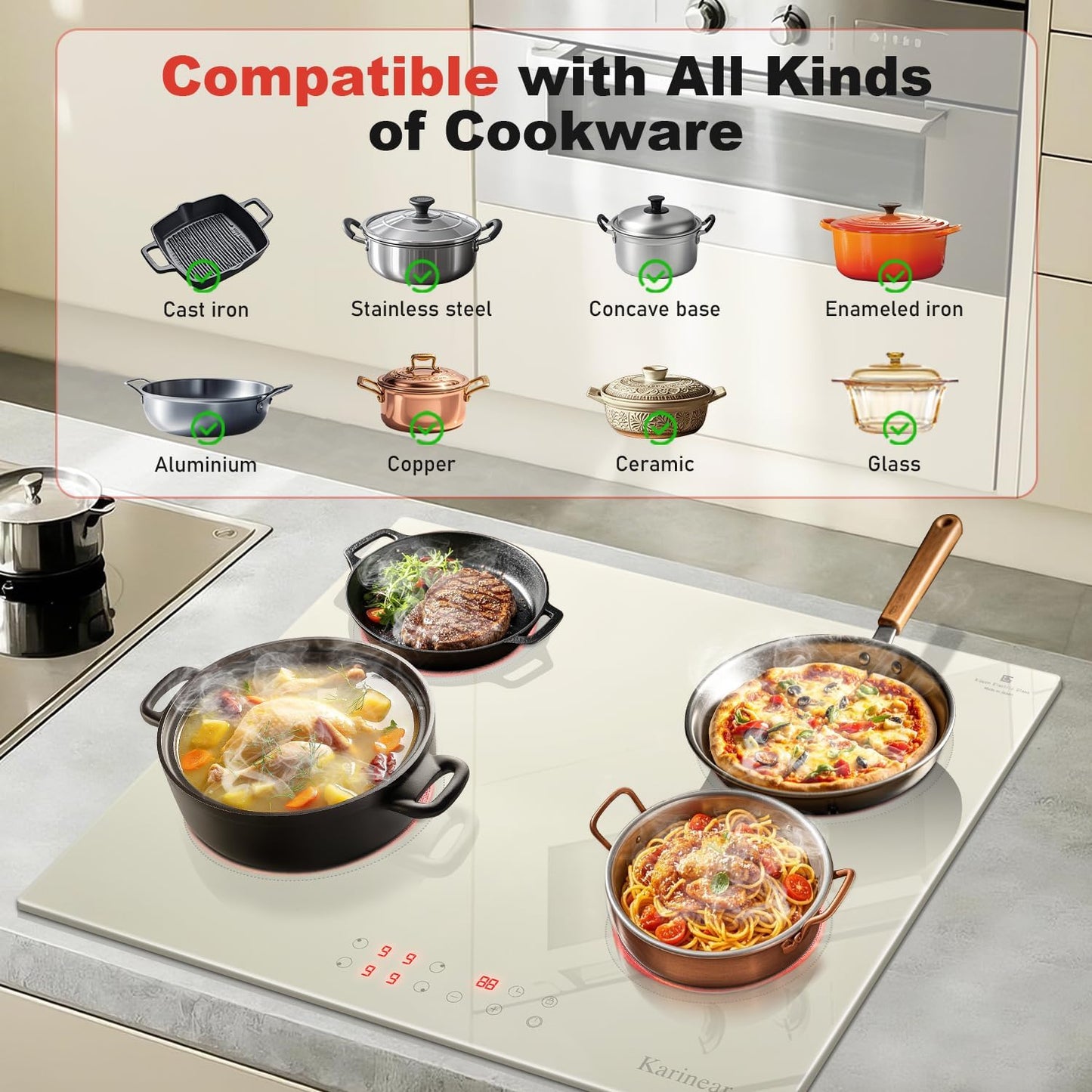 Karinear Electric Cooktop 24 Inch, Beige-gray Glass Electri Cermaic Stove, 4 Burners Electric Stove Top with Timer, Child Safety Lock, High Temperature Alert, 6000W, Drop-in 240V Hardwire(No plug)