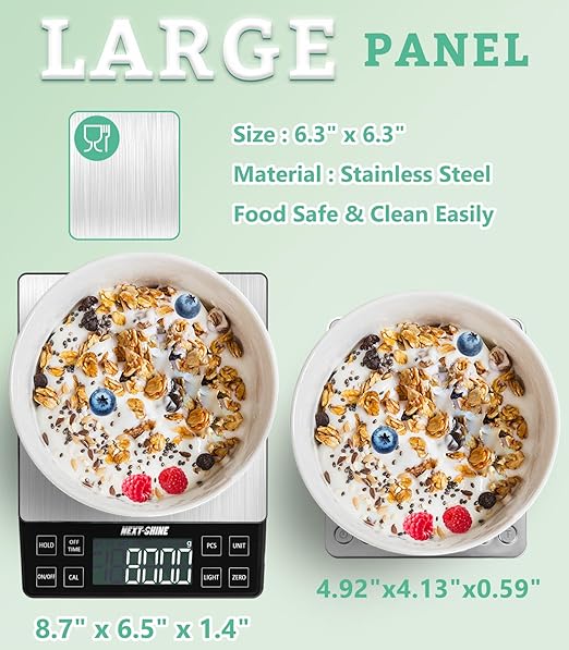 NEXT-SHINE Food Kitchen Scale 11lb 0.1g/0.01oz Precise Graduation, 9 Units Rechargeable Digital Scale Stainless Steel Platform LCD Display