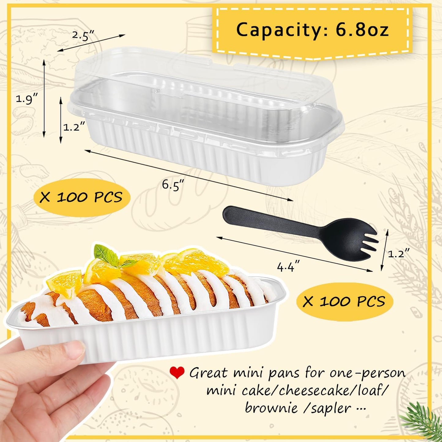 LNYZQUS Mini Loaf Pans with Lids 100 Pack, 6.8oz Mini Cake Pans Rectangle Aluminum Foil Baking Tins Containers,Disposable Small Cake Baking Pan Cupcake Baking Cups Muffin Tins-White