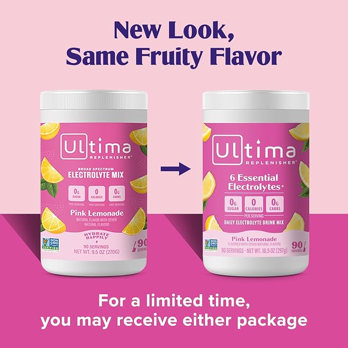 Ultima Replenisher Daily Electrolyte Powder Drink Mix – Sugar Free – Pink Lemonade, 90 Serving – Hydration Powder with 6 Key Electrolytes and Trace Minerals – Keto Friendly, Vegan, Non-GMO