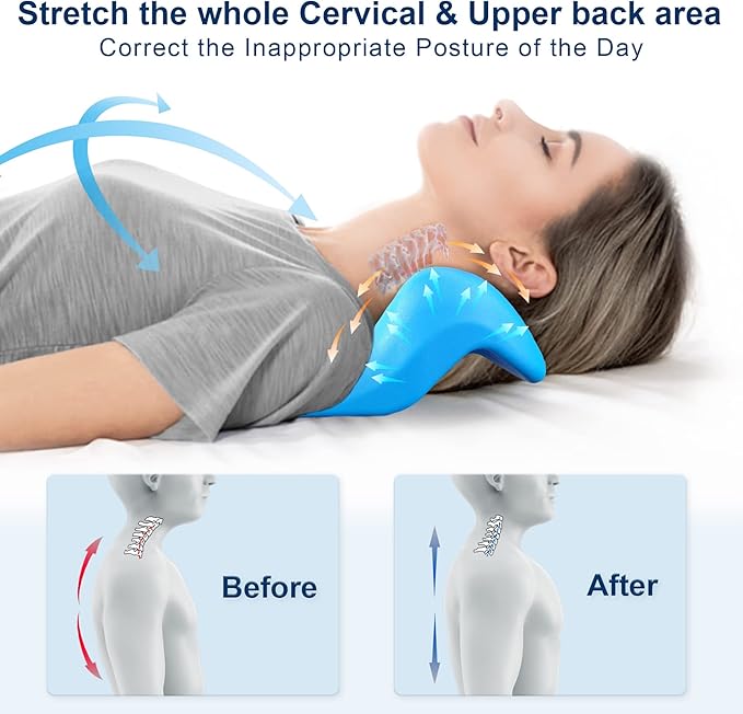 Neck and Shoulder Relaxer with Upper Back Massage Point, Cervical Traction Device Neck Stretcher for TMJ Pain Relief and Cervical Spine Alignment Chiropractic Pillow (Blue)