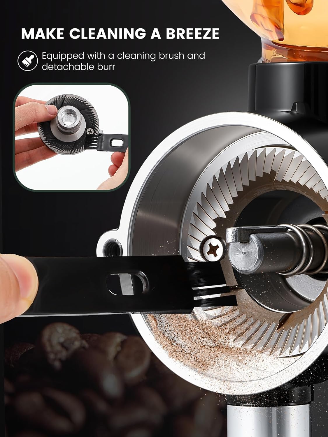 Huanyu Electric Coffee Bean Grinder with Closed Grinding System - 8 Adjustable Settings, Flat Burr Coffee Grinders Anti-Static Design for Dust-Free Home Use