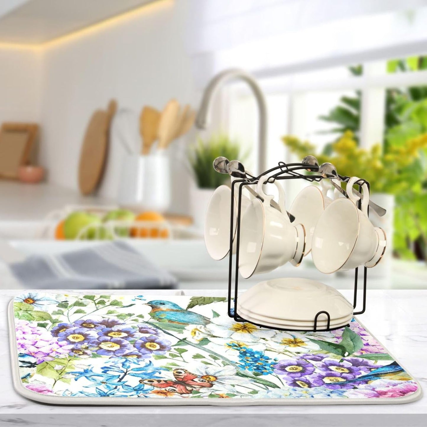 Flowers Birds Butterflies Dish Drying Mat for Kitchen Counter Absorbent Microfiber Drying Pad, Medium 16x18 in, Reversible Drainer Mats