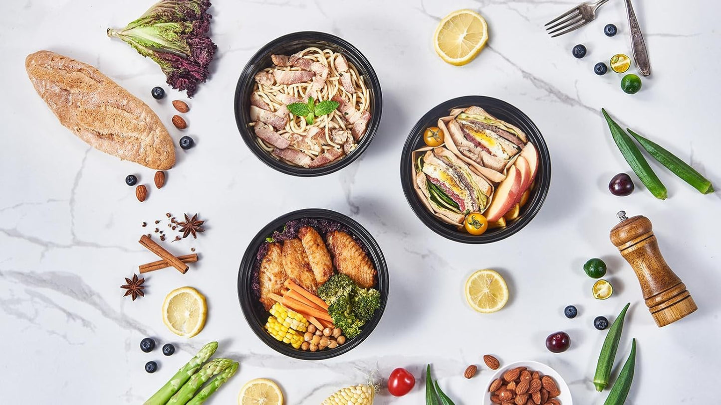 FULING 32 oz 50 ct Round Meal Prep Containers with Lids Plastic Food Storage Lunch Plan To Go Box Disposable Take Out Bowls Black BPA Free Reusable Durable Stackable Microwave Freezer Dishwasher Safe