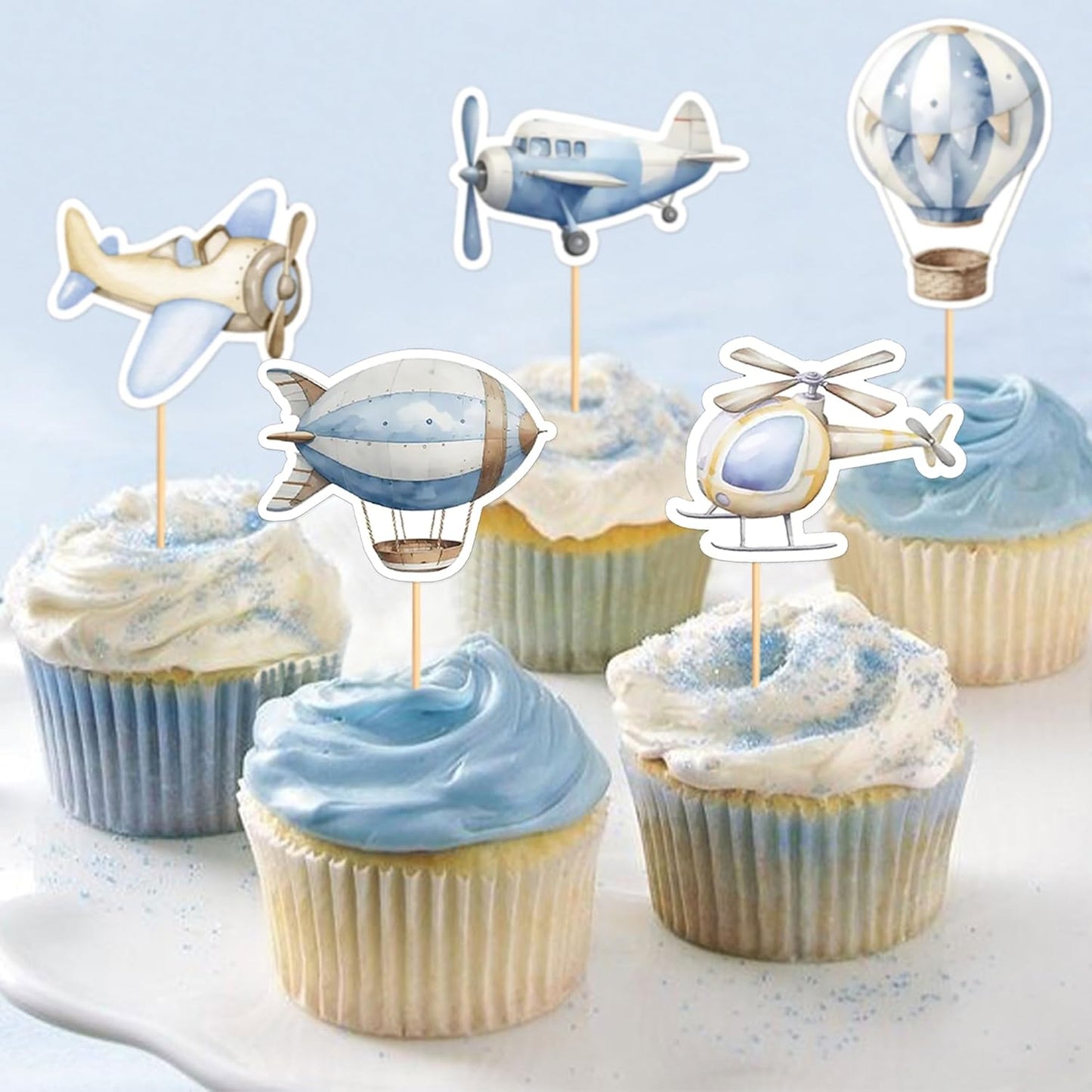 35PCS Airplane Cupcake Toppers Hot Air Balloon Helicopter Travel Themed Party Decorations Baby Shower Kids Boys Girls Birthday Party Cake Decorations Supplies