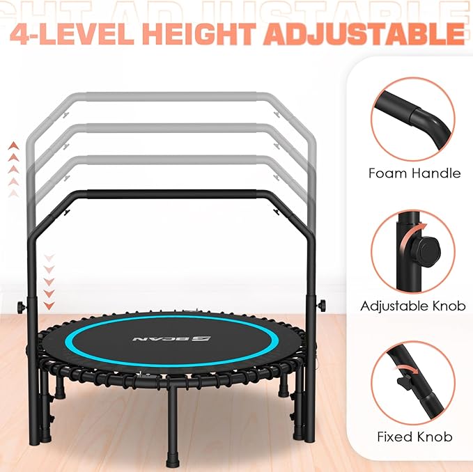 BCAN 40"/48" Rebounder Trampoline for Adult, 450/550LBS Fitness Trampoline with Bungees, Adjustable Handle, Stable & Quiet, Indoor Outdoor, Whole-Body Workout & Relaxation at Home for Women/Men