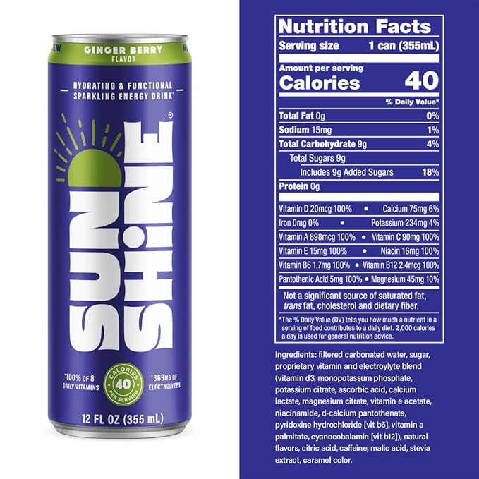 Sunshine Sparkling Energy Drink, Ginger Berry with Daily Essential Vitamins, 360mg of Electrolytes, 70mg of Natural Caffeine, 12 Fl Oz (Pack of 12)