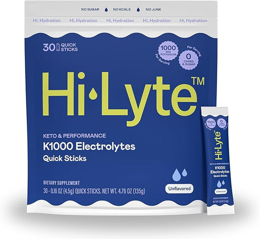 Hi-Lyte Keto K1000 Electrolyte Packets | Unflavored | Hydration Supplement Drink Mix | Boost Energy & Beat Leg Cramps | No Sugar, Stevia, Maltodextrin | 30 Servings