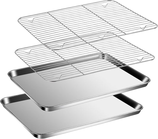Baking Sheet with Racks Set [2 Sheets + 2 Racks], Stainless Steel Baking Sheets with Cooling Racks, Nonstick Pan, Warp Proof & Rust Proof & Easy to Clean, Size 12.4 X 9.6 X 1 Inch