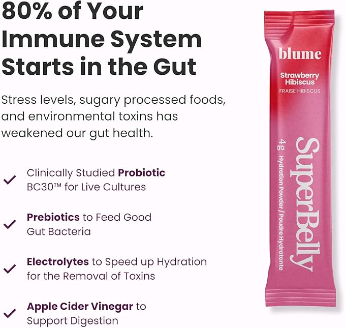 Blume New SuperBelly Gut Health and On-The-Go Hydration Packets, Sugar-Free, with Prebiotics, Probiotics, Apple Cider Vinegar, Vitamin C, and Electrolytes, Strawberry Hibiscus, 15 Sticks
