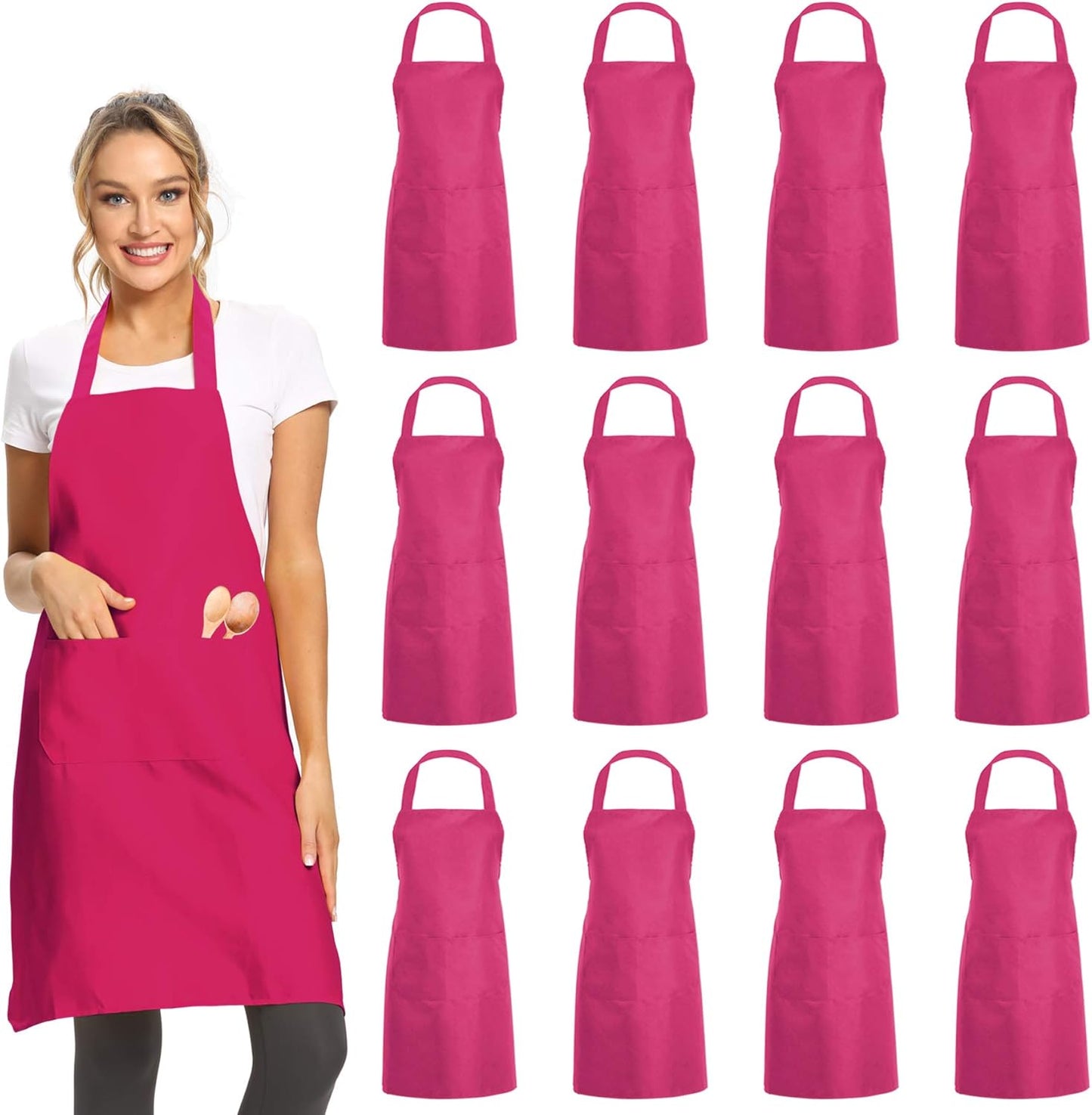 DUSKCOVE 12 Pack Plain Bib Aprons with 2 Pockets - Pink Unisex Commercial Apron Bulk for Kitchen Cooking Restaurant BBQ Painting Crafting