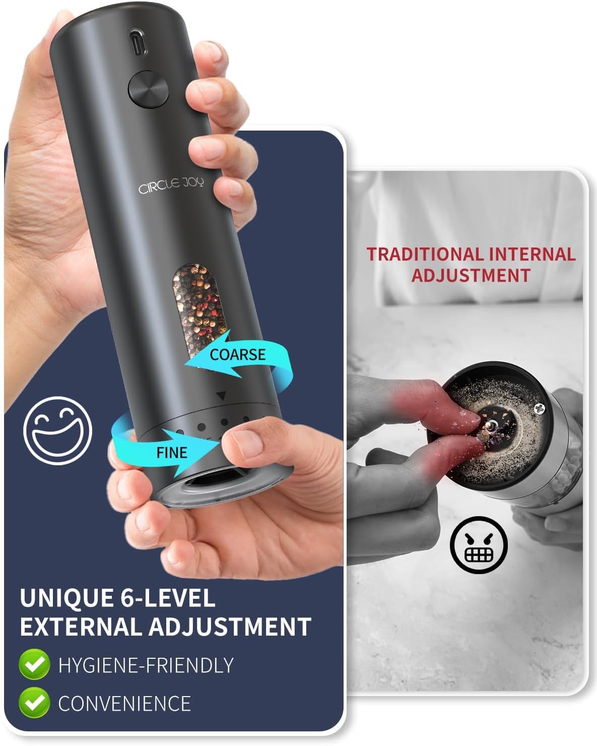 CIRCLE JOY Rechargeable Electric Salt and Pepper Grinder Set with Base, Automatic Pepper Mills with 110ml Container, External Adjustable Coarseness, White Led Light and One-Handed Operation, Black