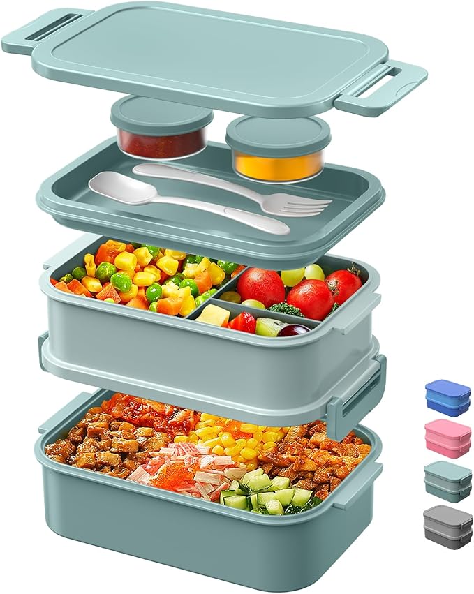 DaCool Lunch Box Adults Bento Box 74 OZ All-in-One Stackable Lunch Box Containers for Adult Large Bento Box with Fork Spoon Sauce Boxes, Leakproof Lunchbox for Work School Dining Out, Morandi-Green