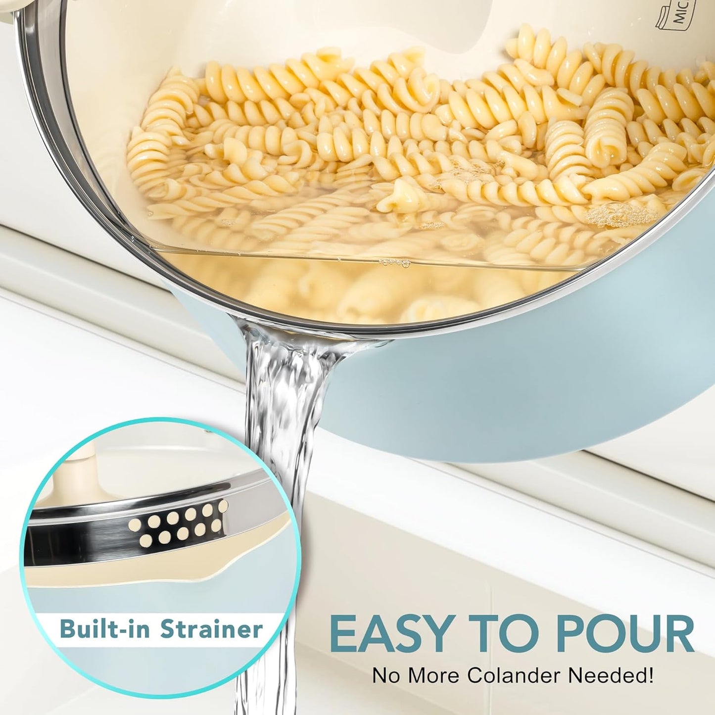 MICHELANGELO Pasta Pot with Strainer Lid - 6 Quart Cooking Pot with Lid, Non Stick Spaghetti Pot Ceramic Coated with Twist and Lock Handles for Easy Draining, Induction Compatible, Soft Aqua