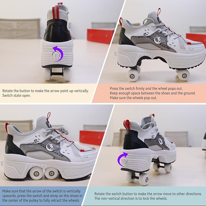 Roller Skate Shoes for Women Four Rounds Children's Roller Skates Shoes That Turn into Rollerskates Sneakers Outdoor Light Shoes with Wheels for Girls/Boys