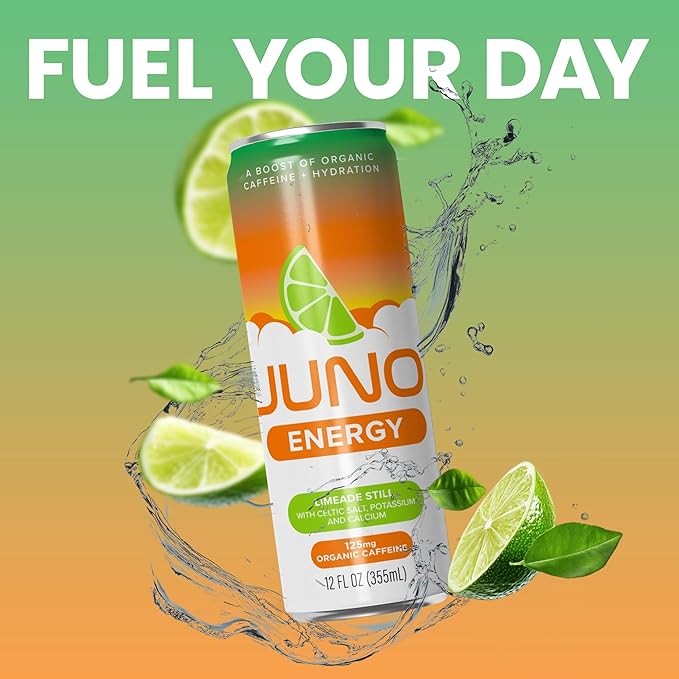 JUNO ENERGY Limeade Still Drink - Sugar Free Electrolytes 125mg Organic Caffeine from Green Coffee Beans, Hydrating with Monk Fruit Sweetener, Organic Lime Juice - Vegan, Gluten Free, 12 Pack